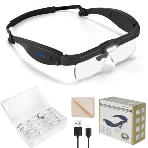 Rivlox Magnifying Glasses with 3 LED Lights 0.75X to 4X Headband Magnifying Glass with 5 Detachable Lenses Protective Storage Case for Hobbies Crafts Jewellers Close Work (Black)