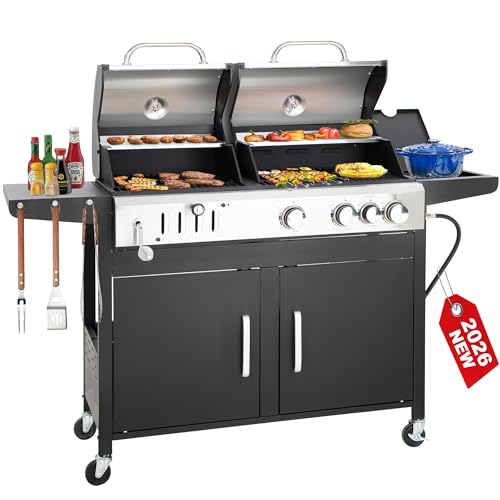 3 Burner Propane Gas and Charcoal Grill Combo with Side Burner & Porcelain-Enameled Cast Iron Grates, 37,000 BTUs 685 SQIN Dual Fuel Outdoor BBQ Grill for Patio Garden Picnic Backyard Barbecue Cooking