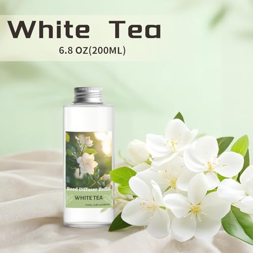 Image of STRN Reed Diffuser Oil Refill, White Tea Scented Diffuser Oil Refills with 6 Reed Sticks 200ML(6.8fl.oz), Room Fresheners Long-Lasting Summer Fragrance for Living Room, Bedroom, Office