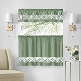 ACHIM Paige Tier and Valance Window Curtain Set - 55 Width, 24 Length, 1.5 Inch Rod Pocket - Green - Soft Light Filtering Fabric with Geometric Embroidered Pattern & Machine Washable Home Décor