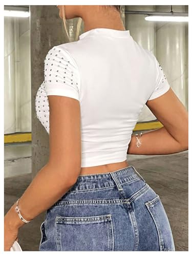 WDIRARA Women's Y2k Rhinestone Crop Tops Mock Neck Short Sleeve Slim Fit Tee Shirt2
