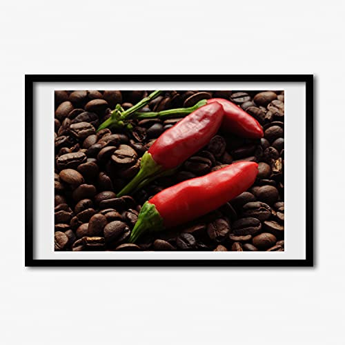 Peinture piments et café 60x40 cm avec cadre en bois décoratif durable