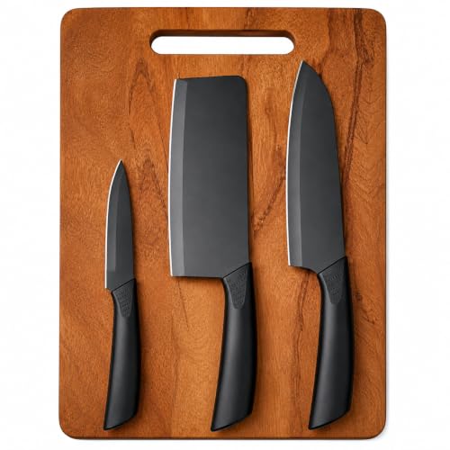 Image of Kitchen Knife Set with Wood Chopping Board (3+1) Ultra Sharp Steel Black Coated Blade with Cover & Anti-Slip Handle | Effortless Cutting | Durable Knife-Friendly Serving & Cutting Board | Ultra-Sharp Blades, Chef, Meat Cleaver & Utility Knife, Eco Friendly Multipurpose Cutting Board, Premium Quality