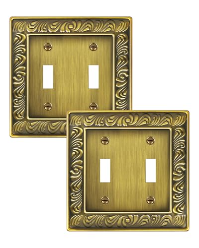 treewell 2-Pack Double Toggle Light Switch Cover Plate, Paisley Pattern Decorative Dual Switch Plate Covers, Antique Brass 2 Gang Metal Wall Plates for Electrical Outlets Switch