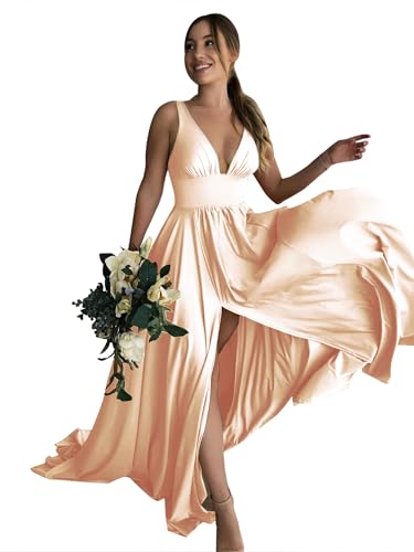 Image of Fatapaese Women's Elegant High Stretch V Neck Sleeveless Floor Length Evening Dress Split Champagne L