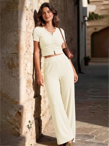 Outfeel Women's 2 Piece Lounge Set Knit Button Ruched Short Sleeve Crop Top Wide Leg Pants with Pockets Casual Travel Outfits White Large — view 3