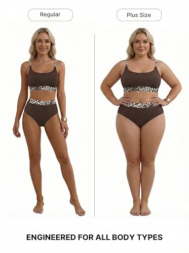 Image of Herseas Women's Textured Bikini Sets Floral Print Trim Scoop Neck Swimsuits High Waisted Bathing Suits