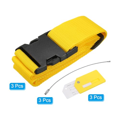Image of PATIKIL Luggage Strap with Luggage Tag and Loop 78 inchx2 inch, 3 Set Adjustable Suitcase Belt for Travel Packing Bag Closure Identify, Yellow