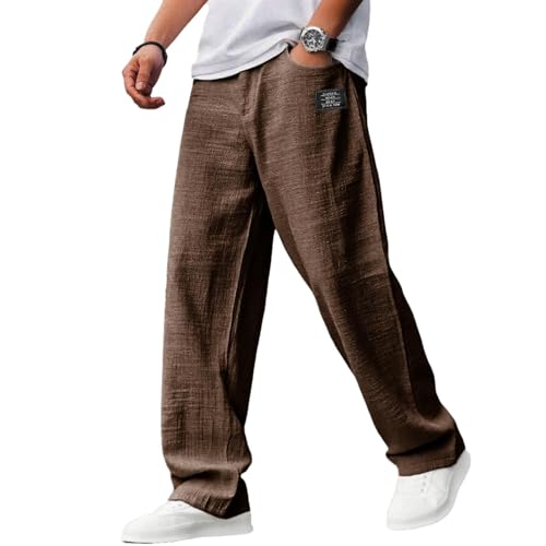 Men's Casual Hemp Fabric Embroidered Pants Drawstring Loose Elastic Waist Pocket Trousers