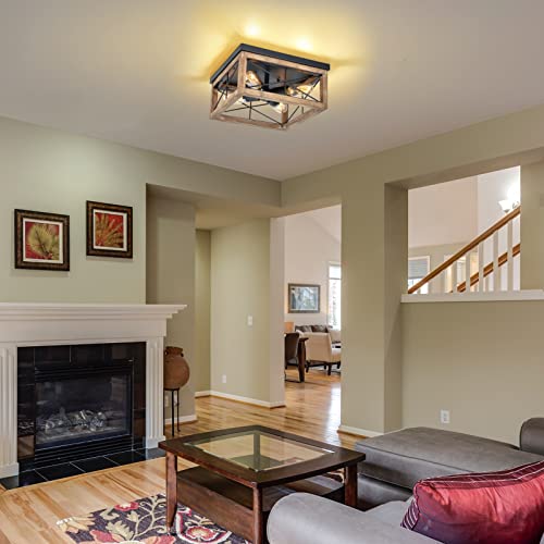 Eyassi Wooden Flush Mount Ceiling Lights, 4-Light Farmhouse Close To Ceiling Lighting Fixtures Black Ceiling Lamp For Kitchen Island Living Room Bedroom Hallway Laundry Entryway #TOP1