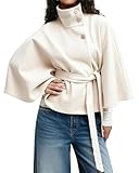 CHARTOU Women Batwing Sleeve Ponchos Pea Coat Wool Stand Collar Belt Capes Jacket Winter Cropped Overcoat (Medium, White)