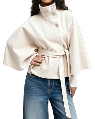 Image of CHARTOU Women Batwing Sleeve Ponchos Pea Coat Wool Stand Collar Belt Capes Jacket Winter Cropped Overcoat (Medium, White)
