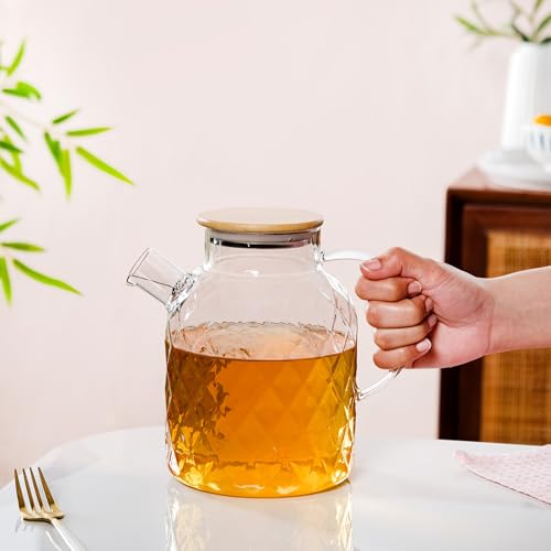 Image of Nestasia Transparent Glass Jug with Bamboo Lid (1700 ml) - Diamond Textured Dishwasher Safe Carafe with Easy Pour Spout & Steel Strainer - Glass Pitcher for Water, Juice, Hot & Cold Beverages
