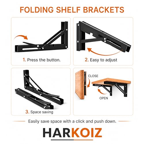 Image of Foldable Shelf Bracket 16 Inch Heavy Duty, Folding Table Bracket Wall Mounted Support for Fold Down Table, Workbench, Kitchen Counter, Study Desk & Space Saving Shelf, Black Metal Bracket Pack of 2