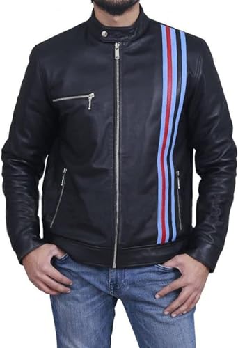 Image of Men's Leather Jacket Cafe Racer Biker Style Retro Stripes Jacket, Motorcycle Racing Leather Jacket Men