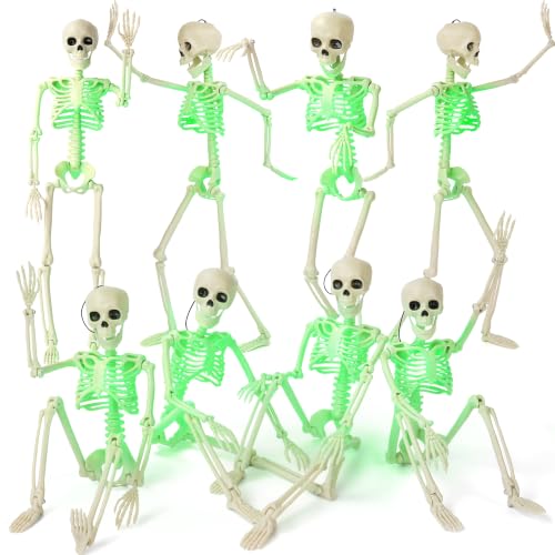Kelool 16" Light Up Skeleton Halloween Decorations,8 Pack Posable Full Body Skeleton with Movable Joints,Scary Halloween Skeletons for Haunted House Props,Indoor & Outdoor Halloween Decor