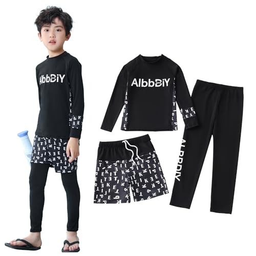 [WindTour] キッズ 水着 男の子 セパレー 3点セット【長袖ラッシュガード+レギンス＋ショートパンツ】スクール水着 男子 上下セット 子供水着 水泳パンツ 水遊び スイムパンツ スイムウェア ラッシュガード キッズ 紫外線対策 UVカット 130 140 150 160 (160, ファスナーなし-アルファベット)