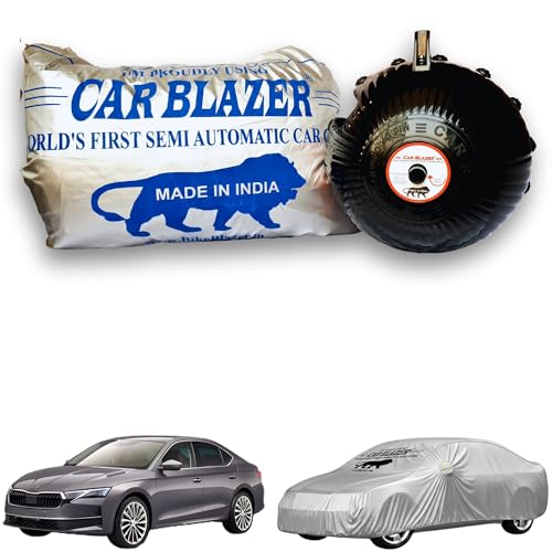 Image of CARBLAZER Portable & Semi-Automatic Full Body Car Covers: Heavy Duty Device| Anti-Theft| Dust & Scratch Proof | Water & Wind Resistant|Custom Fit| Dual-Side Cover, Compatible for Skoda Octavia