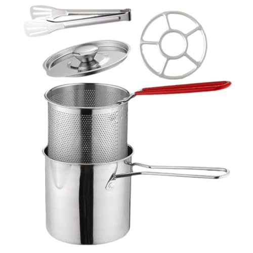 Mikinona Mini Freidora de Acero Inoxidable con Cesta y Tapa Olla Profunda para Freír Gambas Pollo y Patatas con Mango de Silicona y Soporte para Cocina