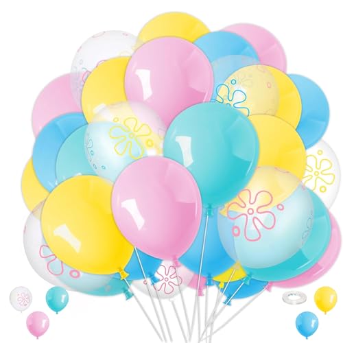 65Pcs Ocean Themed Balloon Kit - Sponge Balloons 12 Inch with Under the Sea Prints And 20m Ribbon for Birthday Summer Sponge Party And Balloon Arch Decoration (Teal Blue Pink Yellow)