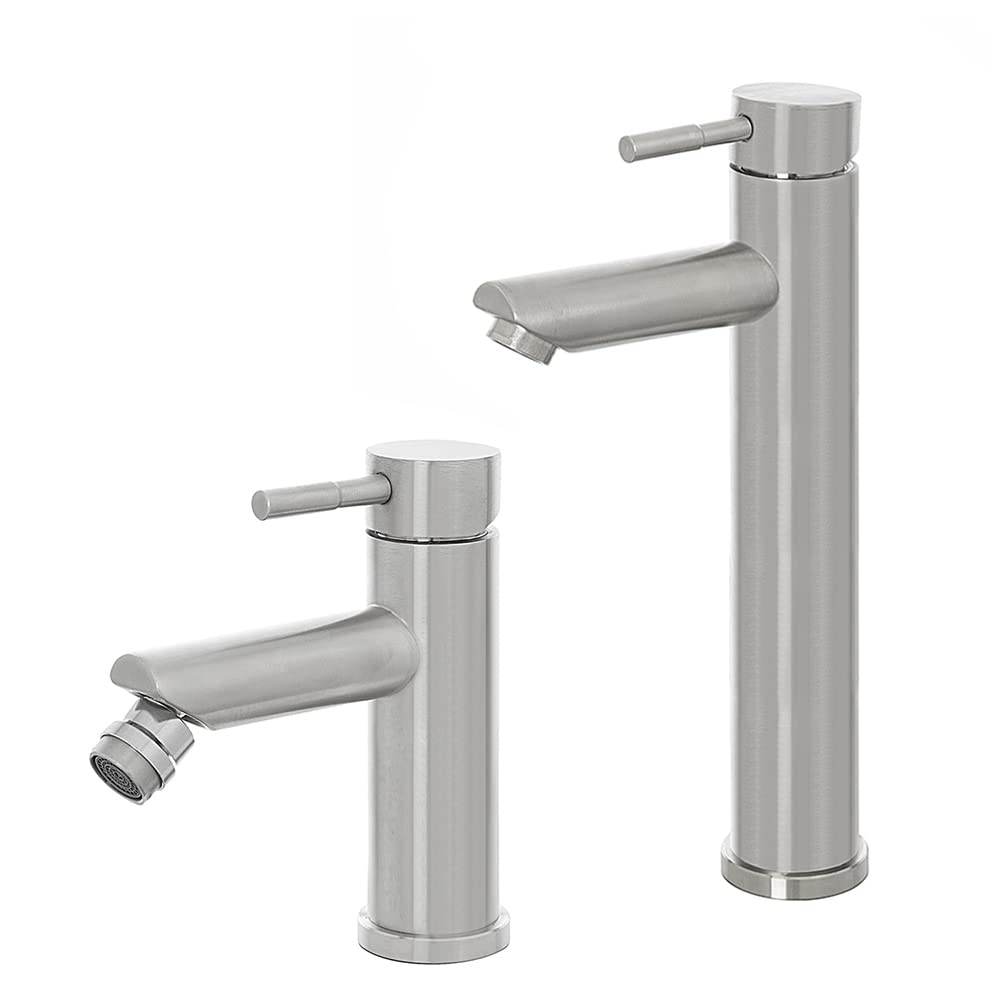 Inbagno Set miscelatori lavabo Alto e Bidet monocomando, in Acciaio Inox Spazzolato, con piletta Click clack Satinata, York