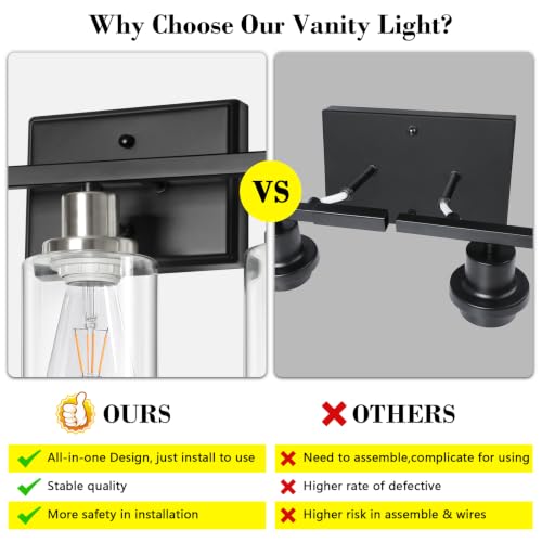 Image of Ascher Bathroom Vanity Light Fixtures, 3 Light Wall Sconces Lighting with Clear Glass Shade, Black and Brushed Nickel Wall Lights for Mirror, Kitchen, Living Room, E26 Base (Bulbs Not Included)