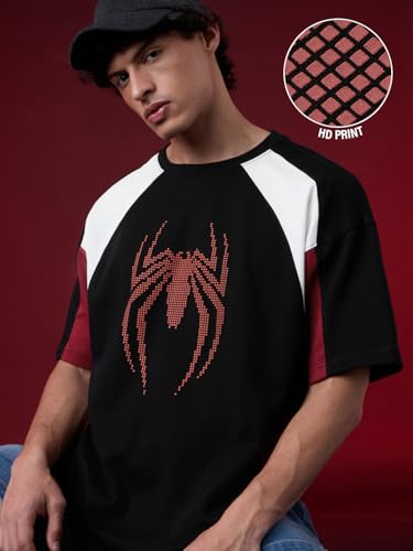 Image of The Souled Store Official Marvel: Spider x Venom Oversized T-Shirt for Men Boys Cotton Casual Half Sleeves Baggy Loose Fit Drop Shoulder Round Neck Black