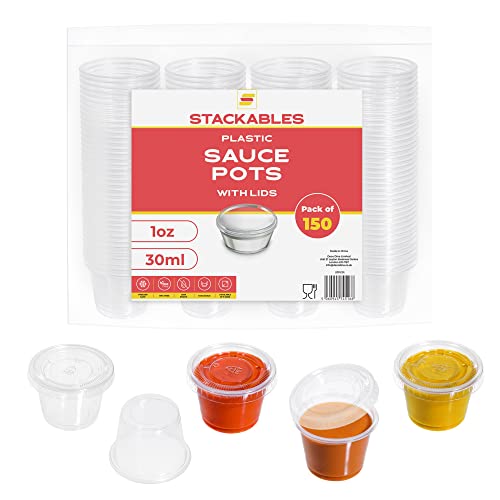 STACKABLES ~ Pack Of 150 Tiny 1oz Plastic Food Container Pots with Lids ~ 30ml Reusable Sauce Pot with Lids ~ Take Away small Chutney Ketchup Restaurant Jelly Shot & Dessert Cups with Lids