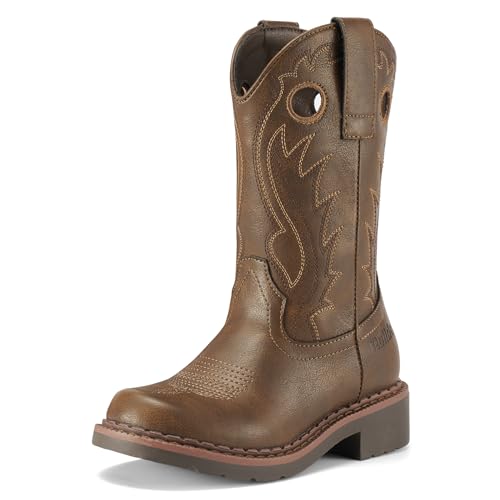 Rollda Boys Cowboy Boots Kids Western Boots Square Toe Girls Cowgirl Boots for Toddler/Little Kid/Big Kid DarkBrown Size 5