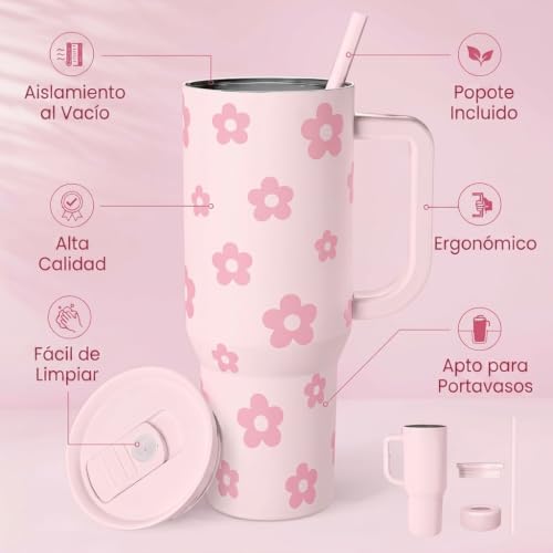 Image of Floral Tumbler with Handle and Straw 40oz Stainless Sleel Slider Tumbler Travel Coffee Mug for Women - Gift Idea for Birthday Christmas