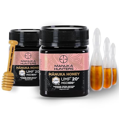 Image of Manuka Honey UMF 20+ (MGO 830+) 250g (Pack of 2) | High MGO & UMF Certified | 100% Pure Raw Unprocessed New Zealand Mānuka Honey With Free Wooden Dipper & 15g Multiflora Spoon Pack