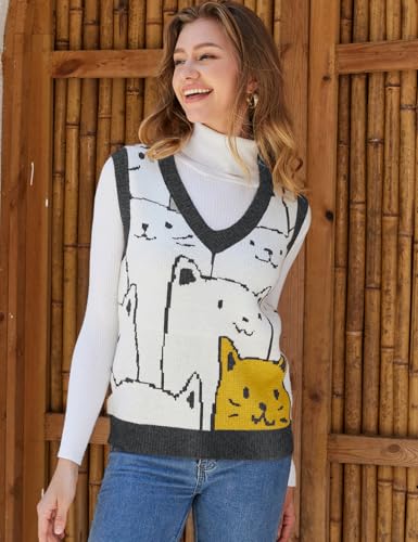 Image of Gihuo Womens Cat Sweater Vest V Neck Y2k Graphic Knitted Vests Pullover Sleeveless Knitwear Cute Tunic Knit Top