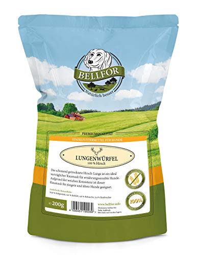Bellfor Kauartikel für Hunde - Hirsch-Lungenwürfel - 200 g. Getreidefreies Hundeleckerli, hochverdaulich und hypoallergen für alle Hunderassen. Naturkauartikel, beugt der Bildung von Zahnbelag vor.