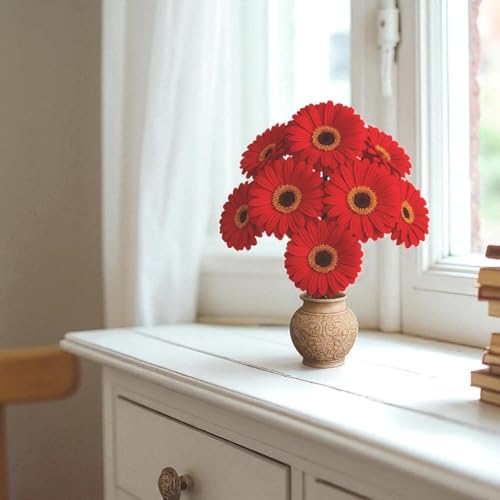Image of Garden Art Artificial 5 Pcs Gerbera Flower Sticks, 33 cm, RealTouch Natural Looking | Silicone Decorative Bunch for Home GAAGFB-1H-33R (Red)
