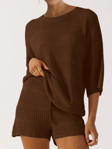 SuperPrity Swimsuit Coverup for Women Crochet Knit 3/4 Sleeve Two Piece Sets Summer Beach Outfits Bathing Suit Cover Up Set4