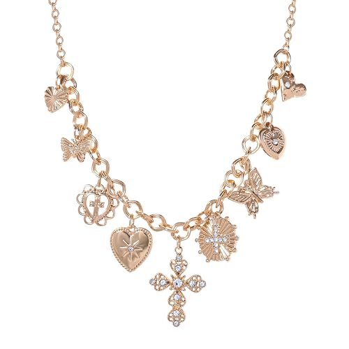 Jessica Simpson Gold-Tone Charm Necklace for Women 18"+3" with Butterfly, Cross, and Heart Charms