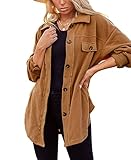 Merryfun Womens Flannel Shirt Jacket Button Down Long Sleeve Oversized Shacket Coat Loose Casual Blouse Tops With Pockets,Brown XL