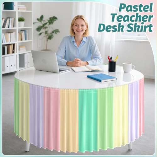 Image of 14FT Ruffle Pastel Table Skirt Teacher Desk Skirt for Classroom Decor Rectangle Round Table Cloth Colorful Desk Cover for Back to School Decorations Birthday Party Supplies Office Bookcase Cabinet