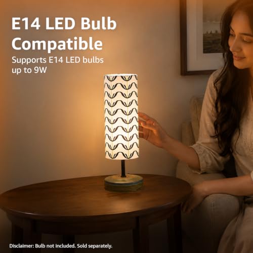 Image of Amazon Basics Tarang Wavy Table Lamp | Hand-Painted Mango Wood Base with Printed Polyester Shade | E14 Holder | Decorative Night Lamp for Bedroom, Living Room & Study Room | Home Decor Gift