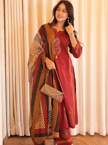 Image of Red Cotton Suit with Embroidered Design and Printed Dupatta, Traditional Indian Ethnic Wear for Women