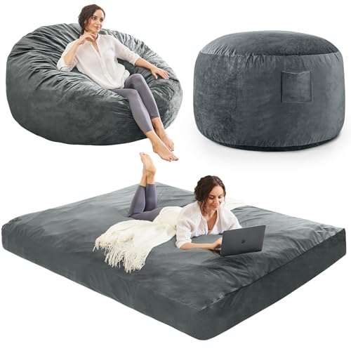 Bean Bag Chairs for Adults - Giant Bean Bag Chair Convertible Bean Bag Bed - Beanbag Chair with Micro Fiber Cover/Furniture Foam Filler - Floor Couch Sofa in Bedroom Dorm Room - Queen Charcoal