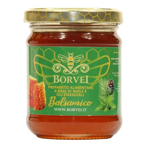 Miele con Eucalipto e Menta 250 g – Apicoltura BORVEI® | Miele di Millefiori Aromatizzato con Oli Essenziali di Eucalipto, Menta, Timo e Pino Silvestre | Per Tisane e Tè, Gusto Fresco e Aromatico