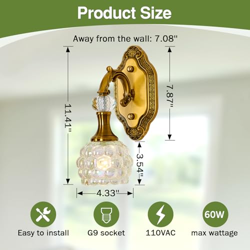 Image of Vintage Gold Wall Sconce 1-Light Glass Globe Vanity Light Antique Wall Light Fixtures Indoor for Bathroom Hallway Farmhouse Bedroom Living Room(Brushed Brass)