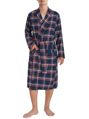 Men's Cotton Flannel Robe Knee Length Plaid Bathrobe