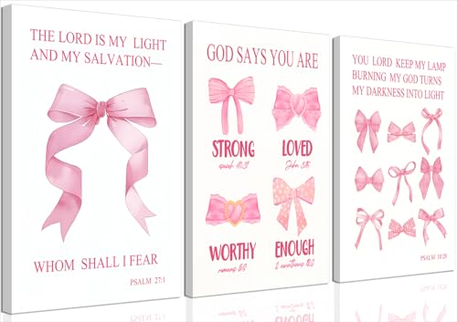 JBZDD Christian Pink Bow Wall Art Set of 3 Inspirational Bible Verses Quotes Decor Posters Pictures Prints for Girls Room College Apartment Bathroom Bedroom Living Room12x16in Framed