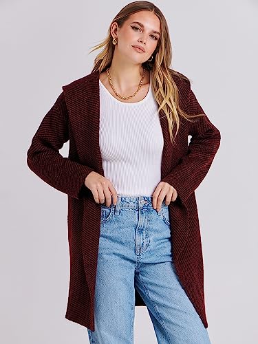 Anrabess Long Cardigans For Women Casual Long Sleeve Open Front Hoodie Sweater Coat Coatigan Oversized Striped Knitted Pockets 2023 Trendy Jacket Outwear 616Heihong-M Red-Black #TOP2
