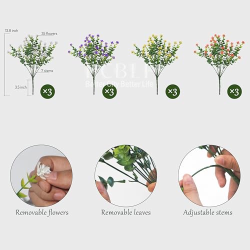 BCBLF Artificial Flowers Outdoors, 12 Bundles Not-Fading Fake Flowers UV-Anti Faux Plastic Mix-Colored Plants for Indoor & Outdoor Porch Garden Vase Décor (4 Colors) — view 2
