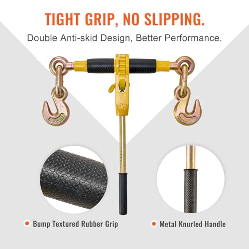 Image of VEVOR 3 /8 inch-1 /2 inch Ratchet Chain Binder with Chain, G80 12000 lbs Secure Limit, Heavy Duty Load, Labor-Saving Anti-Skid Handle, Tie Down Hauling Chain Binders for Flatbed Truck Trailer, 2 Set & Yellow