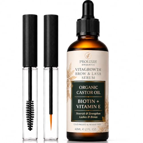 Prolixir Organic Castor Oil for lashes & Brows Cold Pressed Lash & Brow Growth Repair & Conditioning Oil with Vitamin E Precision Applicators For Fuller Looking Lashes Brows Hair & Nails 60ml