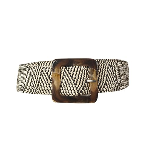 Casual Ultra Wide Belt Female Woven Vintage Carved Wood Buckle Elastic Belt for Dresses